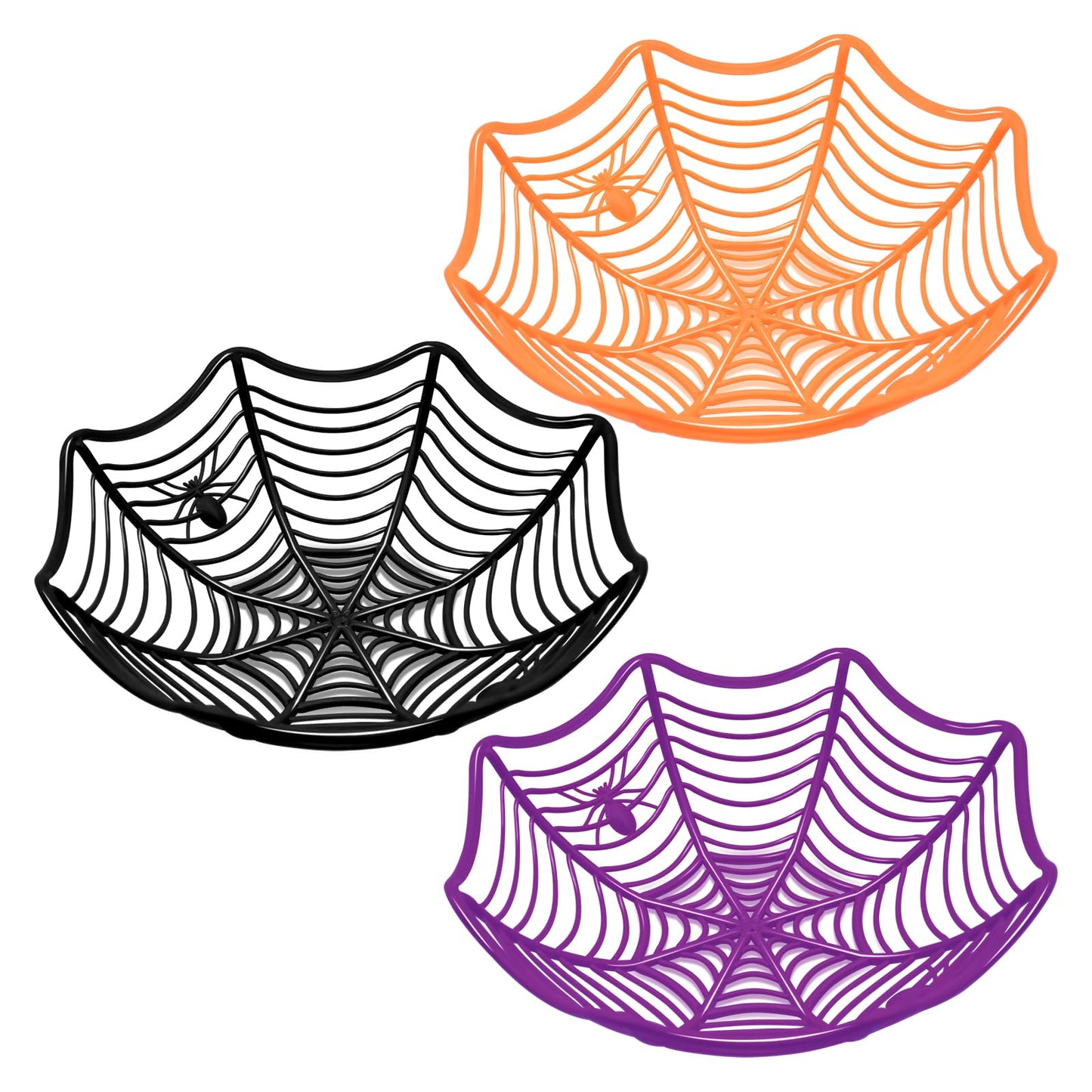 3 Pack Halloween Spider Web Candy Bowls, 11 Inch Plastic Cobweb Design Serving Bowls in Orange, Black, and Purple for Halloween Party Decor, Trick-or-Treating, Food Candy Trays, and Table Centerpieces