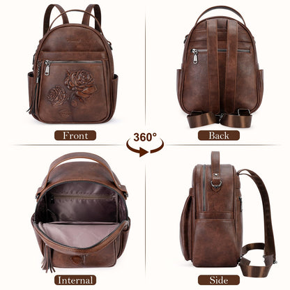 VIMUTI Mini Backpack Purse for Women,Embossed Leather Small Backpack Fashion Travel Backpacks Daypacks Shoulder Handbag (COFFEE-Flower)