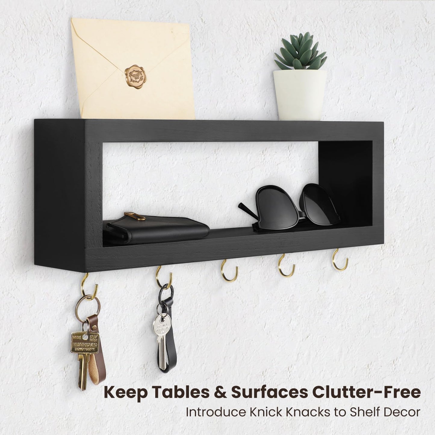 Lwenki Wall Shelf with Hooks - Decorative Key and Wallet Holder for Wall Holds Sunglasses, Leashes, Scarves and Lanyards - 15.7" x 5.1" x 2.9" Entryway Organizer Made of Paulownia Wood (Black)