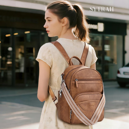 SYTRAH Small Backpack Purse for Women, Mini Backpack Vegan Leather with RFID Blocking & Tablet Pocket, Cute Shoulder Handbag for Travel, School & Work Brown