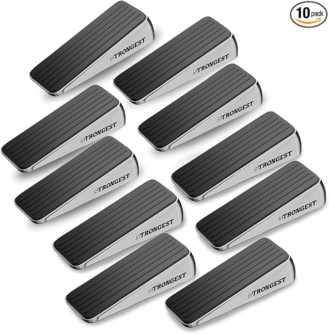 Strongest Home Heavy Duty Door Stopper Wedge (10 Chrome PCs) | Non-Slip Rubber and Metal Door Stop for Heavy Doors| Work on Wood, Tile, Carpet + 10 White Wall Protectors