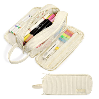 SUNEE Large Capacity Pencil Case with 3 Compartment, Extra Big Pencil Pouch, Pencil Bag with Zipper, Cute Stationery Organizer, Soft Corduroy Pen Box School Supplies for Student Teen Girls Boys, Beige