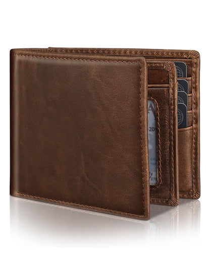 Serovi Mens Genuine Leather Bifold RFID Blocking Wallet with 14 Card Slots, ID Window & 2 Cash Pocket - Includes Gift Box