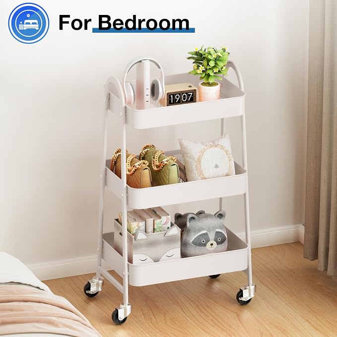 OLIXIS Metal Utility Cart, Mobile Rolling Storage Shelf with Lockable Caster Wheels, Organization for Livingroom, Bathroom & Narrow Places, 3 Tiers White