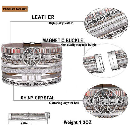 Desimtion Silver Boho Wrap Leather Bracelets for Women Buckle Multilayer Layered Jewelry Gifts Bracelet for Mom Teen Grandma