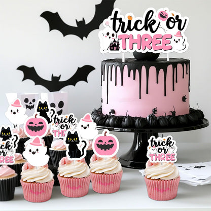 Trick or Three Cake Cupcake Toppers Pink Halloween 3rd Birthday Party Decorations Boo Ghost Pumpkin Bats Cake Decor Double-Sided Printing for Girls Third Booday Party Decor Supplies