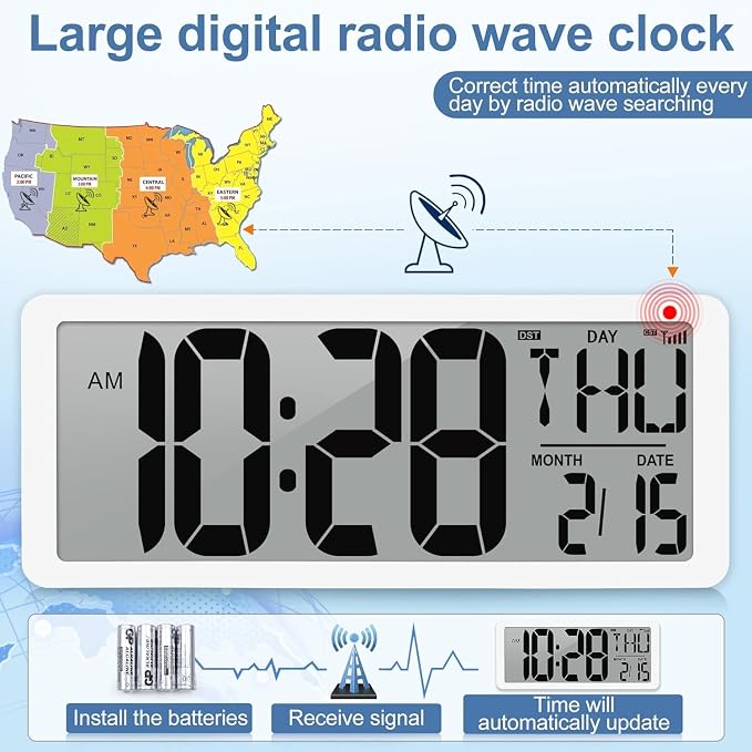 Atomic Clock with Backlight 15.0" Digital Wall Clock Battery Operated Atomic Wall Clock Digital Alarm Clock with Day Date & Temperature for Wall Office Bedroom Living Room