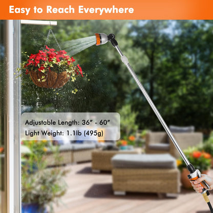RESTMO 36”-60” Metal Watering Wand, Long Telescopic Tube | 180° Adjustable Ratcheting Head | 7 Spray Patterns | Flow Control, Perfect Garden Hose Sprayer to Water Hanging Baskets, Shrubs, Orange