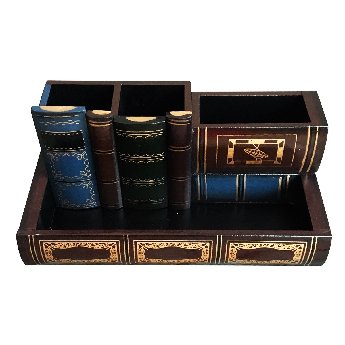Tosnail Decorative Pen Holder with Storage Compartment, Wooden Pencil Holder and Organizer, Antique Library Books Design Pen Cup Caddy for Office Supplies, Countertop, Desk, Table