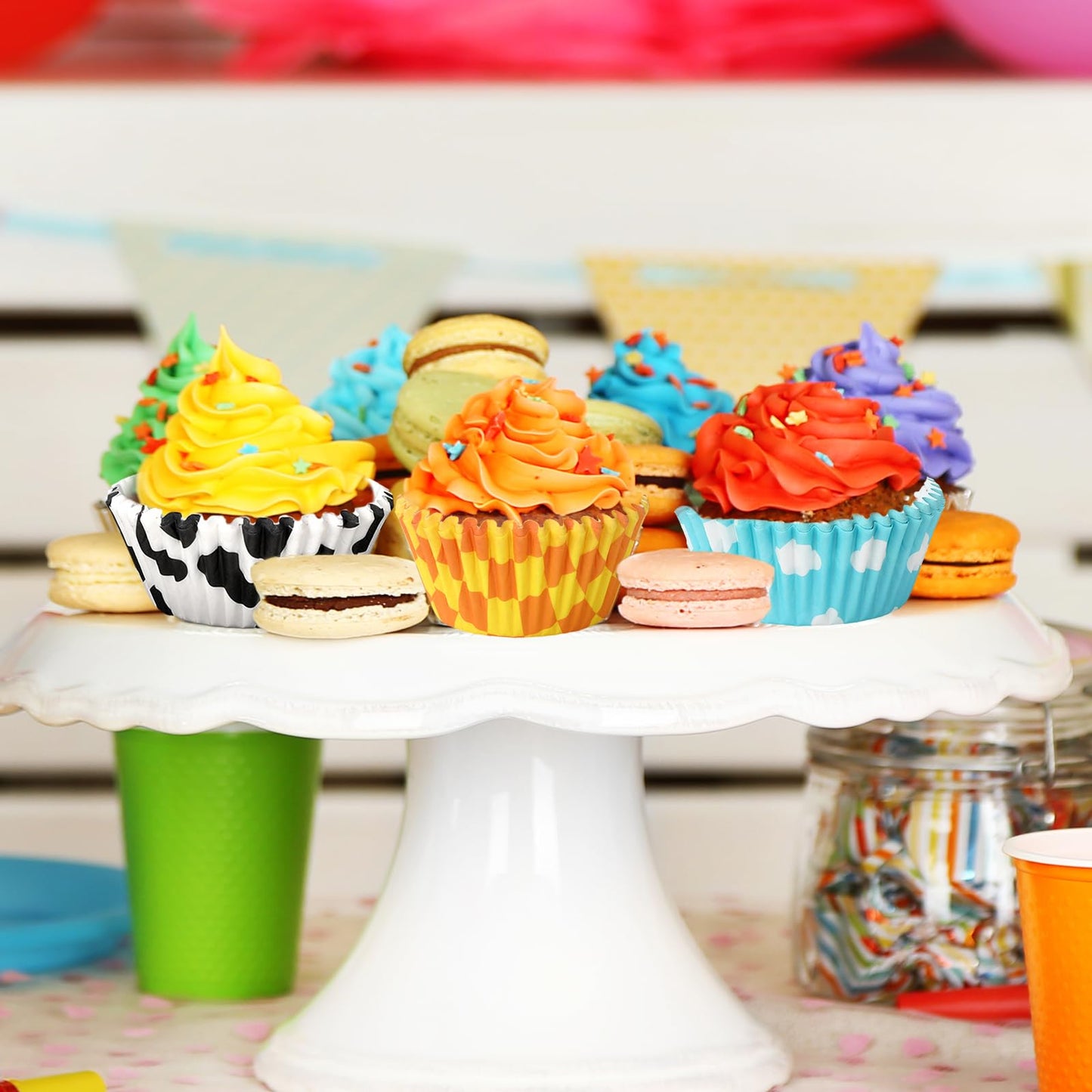JarThenaAMCS 600Pcs Toy Inspire Game Cupcake Liner Cartoon Story Paper Cupcake Wrapper Cow Print Blue Cloud Checkered Disposable Muffin Cup for Baking Party Supplies, 2 x 1.2 in