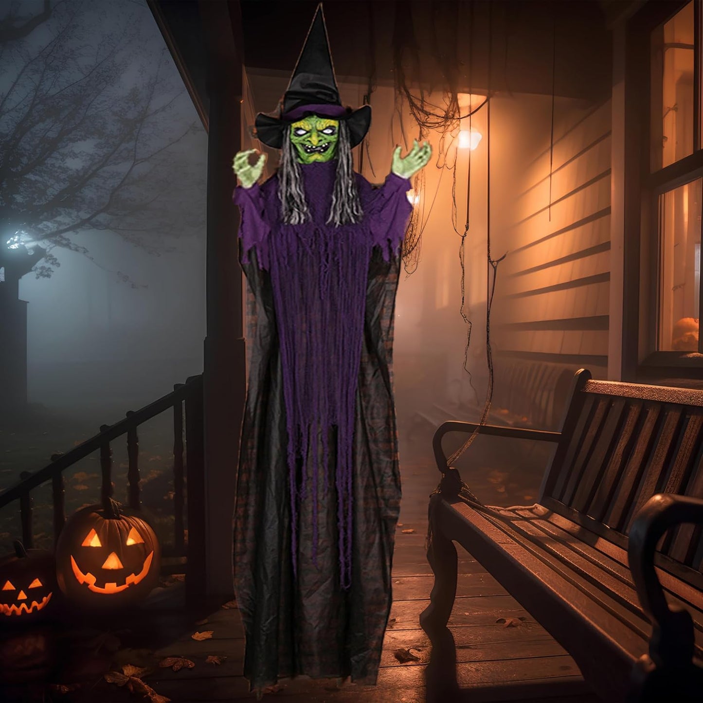 GiftExpress 12FT Hanging Laughing Witch Decoration with LED Light-up Eyes and Creepy Laughing Sound for Halloween House Decoration, Haunted House Decoration