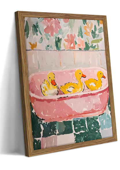 Framed Funny Bathroom Wall Art Decor, Yellow Duck in Pink Bathtub Canvas Wall Decor Painting, Cute Whimsical Animal Poster Print Picture for Girls Bathroom Nursery 12x16 Inch