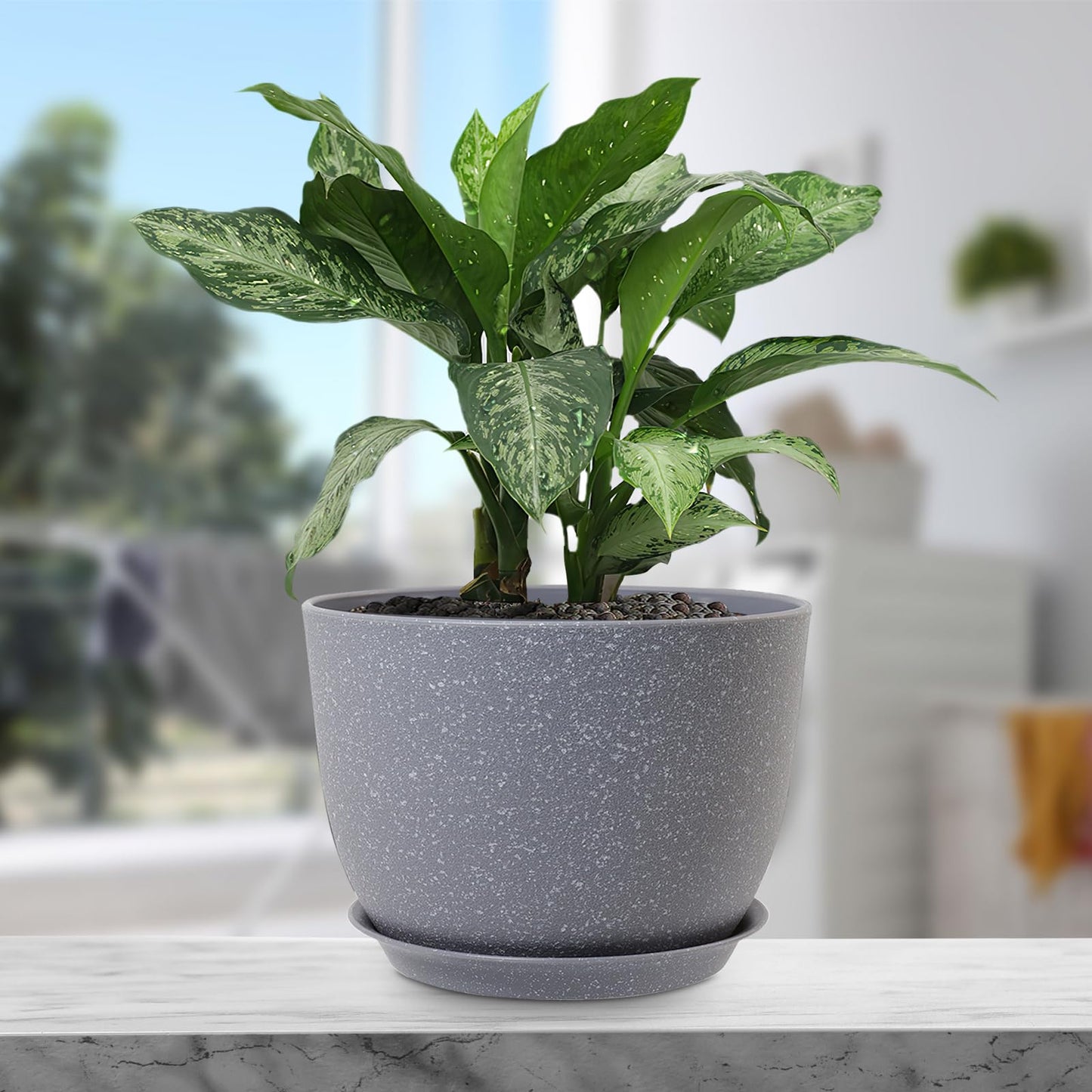 Meowell Plant Pots 12 inch, Plastic Planters with Drainage Holes and Saucers, Large Flower Pots for Indoor Outdoor Plants, Modern Decorative Pots for Garden House Plants, Speckled Grey