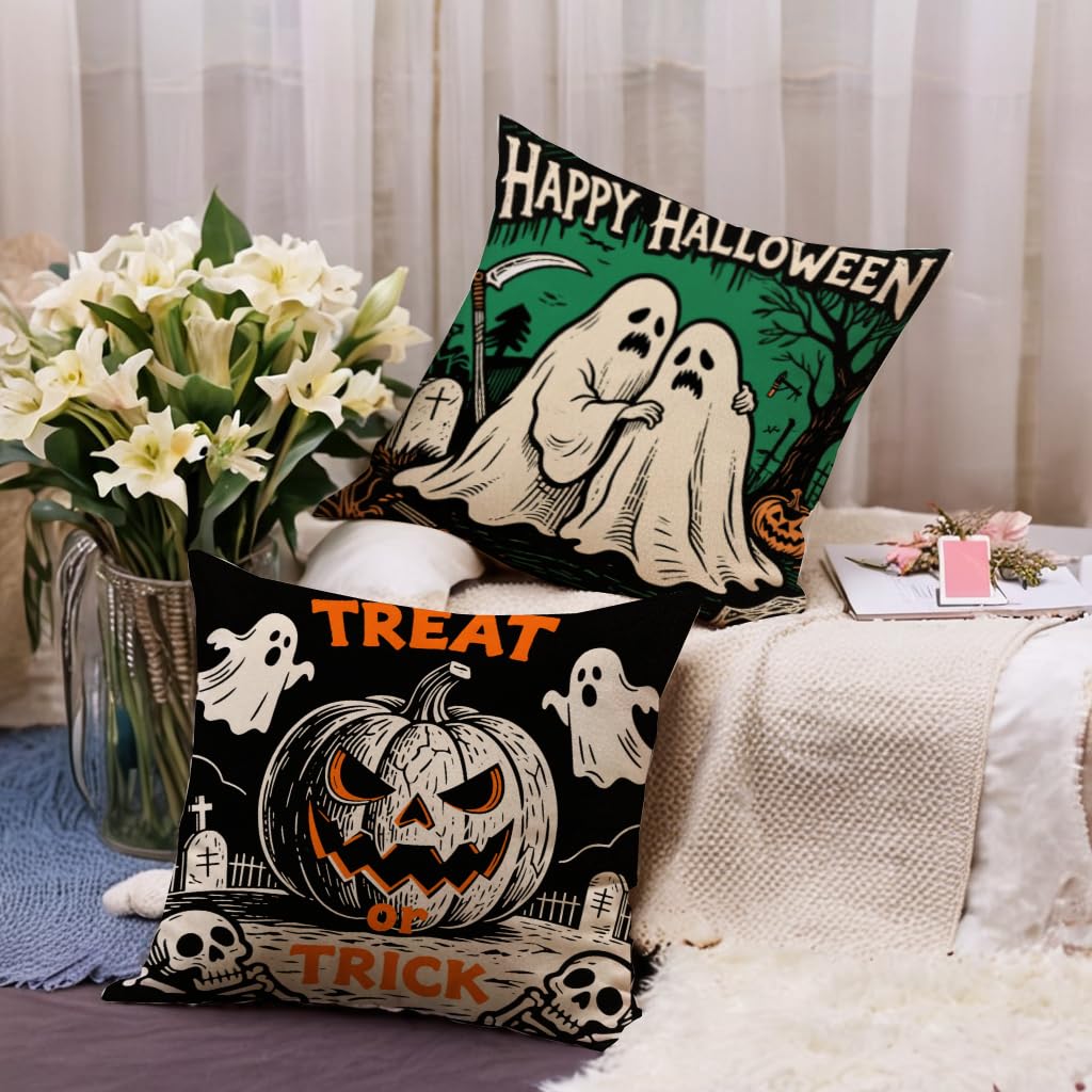 Halloween Decor Throw Pillow Covers 18x18 inch Black Orange Ghost Cat Skeleton Pumpkin Cushion Cases 4 Pack Fall Happy Halloween Seasonal Autumn Home Decor Pillowcases for Sofa Couch Patio(Orange)