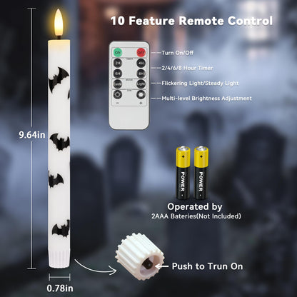 SEHNSY Halloween Flameless Taper Candles with Remote and Timer, 4 Pack Bat LED Flickering 3D Flame Real Wax Candles, Battery Operated Halloween Table Decor for Spooky Indoor Displays