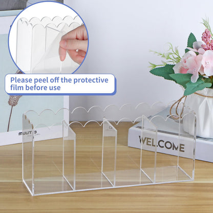 MOLIGOU Acrylic Pencil Holder, 4 Compartments Clear Pen Organizer, Desktop Pencil Holder with Scalloped Edges