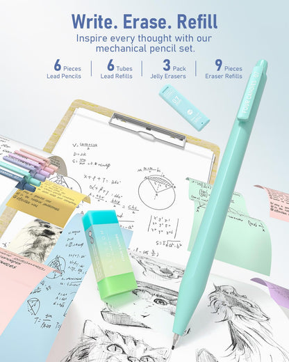 Four Candies 39 PCS Aesthetic Stationery Set with Cute Pen Case, College Supplies and Nursing Student Essentials, 12 Pastel Highlighters, 5 Black Gel Pens, 6 Mechanical Pencils, Blue