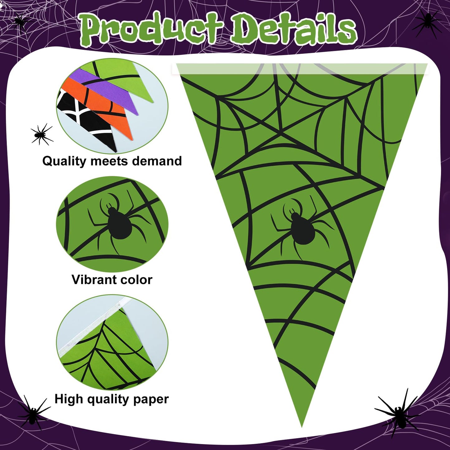 Jetec 5 Pieces 49 Feet Halloween Spider Web Pennant Banner Decorations Black Purple Orange and Green Spooky Spiderweb Triangle Flags Bunting Banners for Halloween Party Decor Indoor Outdoor Supplies