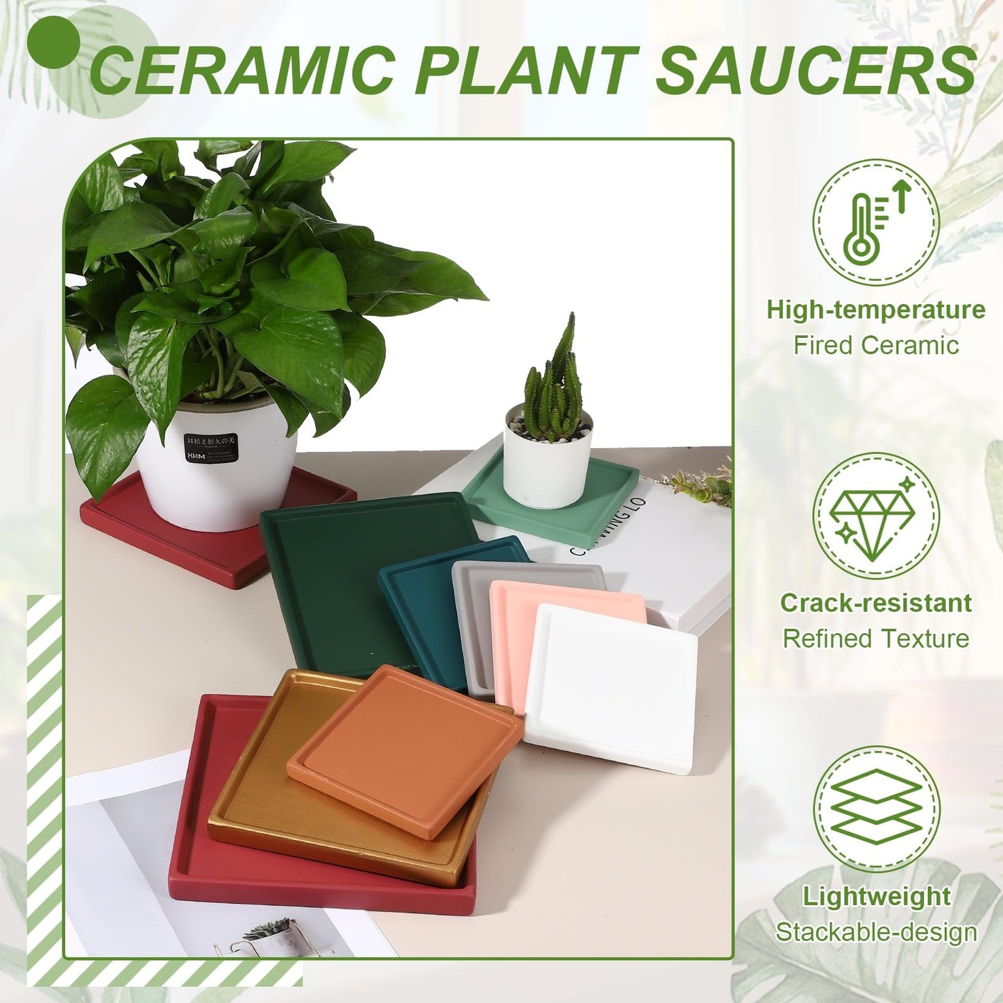 YELARXI 7.5 Inch Ceramic Plant Saucers, Square Flower Planter Water Trays Ceramic Plant Saucer Pot Tray -Fitting for (Outdoor/Indoors/Garden/Planting/Water/Flower/Coffee) White