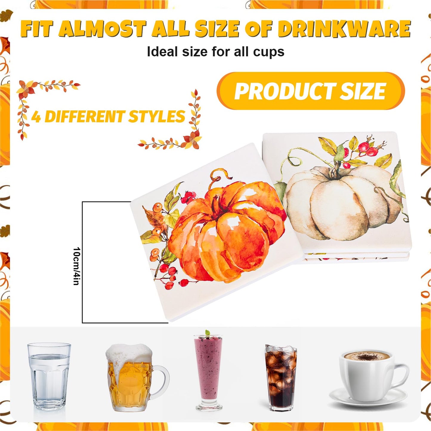Whaline Fall Thanksgiving Coasters Watercolor Pumpkin Square Drink Coaster Autumn Harvest Absorbent Ceramic Cup Mat for Mugs Cups Home Kitchen Office Party Supplies, 4Pcs