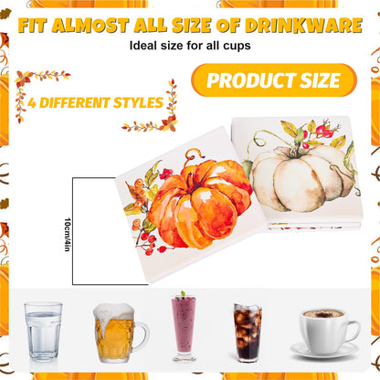 Whaline Fall Thanksgiving Coasters Watercolor Pumpkin Square Drink Coaster Autumn Harvest Absorbent Ceramic Cup Mat for Mugs Cups Home Kitchen Office Party Supplies, 4Pcs