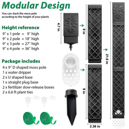 4 Psc 9'' D Shaped Moss Pole with Water dripper,Easy-to-Assemble Moss Pole Monstera Plant Support,Anti-tip Sturdy Moss Poles for Climbing Plants (Black)