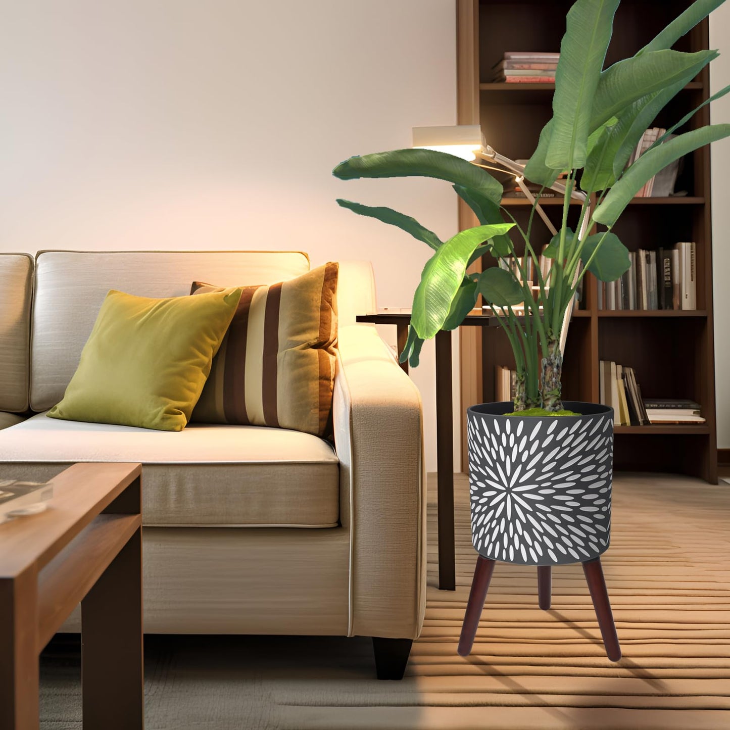 Opnons 12 Inches Plant Pot with Stand, Large Modern Standing Planters for Indoor Plants with Drainage Holes, Gray Flower Pots with Legs