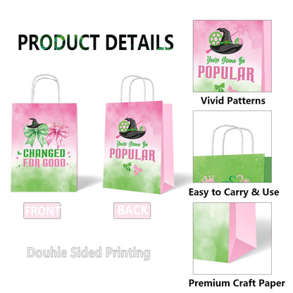 ACUDUDOMA Witch Party Gift Bags 12 Pack, Pink and Green Double-Sided Paper Treat Bags with Handle for Birthday Party Decorations, Princess Theme Halloween Favors & Friendship Exchange Gifts