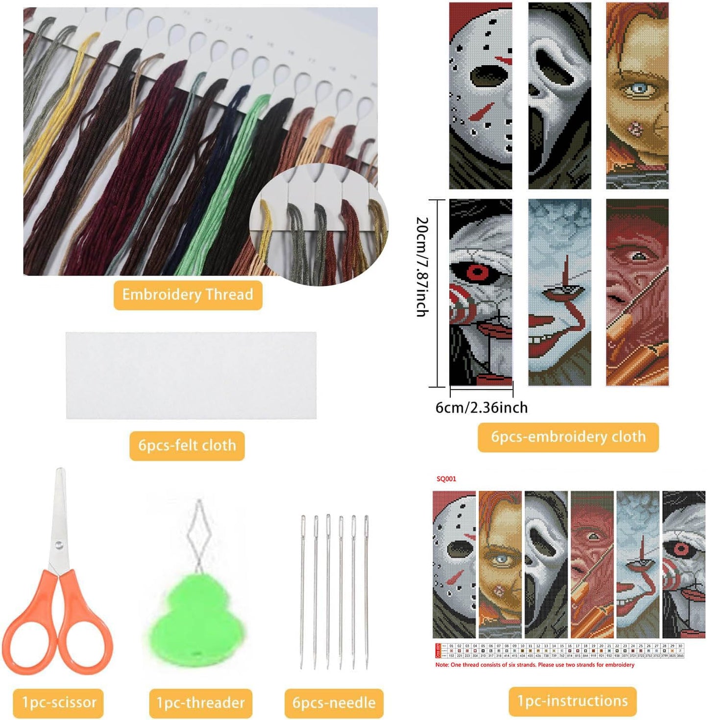 NEGEKFKX 6 Pcs Horror Cross Stitch Bookmark Kit for Adult Beginners,Halloween Cross Stitch Kits 14 CT DIY Cross Stitch Kits Adult Stamped Bookmark Embroidery Bookmarks Kit