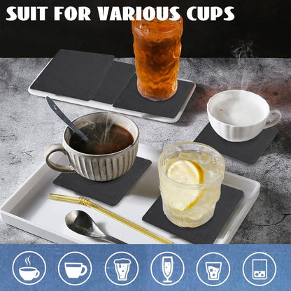 Black Slate Coasters for Drinks, Cup Coaster Set of 8 with Metal Holder, Coffee Cup Beverage Wine Beer Coasters for Home Office Bar Decor (Square)