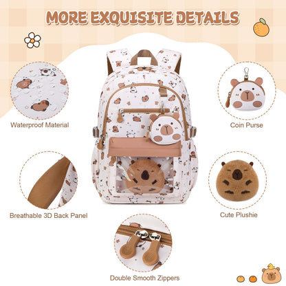 Similove Capybara Theme Backpack for School Girls, 35PCS Kids Backpack Set with School Supplies Stationery Kit Lunch Box Pencil Case, Cute Girls Bookbag for Kindergarten Elementary Student