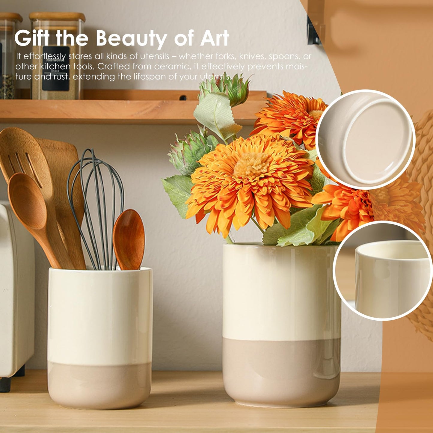 CLAYORA Ceramic Utensil Holder Set, 6.3''+5.3'' Cooking Utensil Crocks for Kitchen Counter, Modern Design Cooking Tool Organizer Set of 2, 800ml+1300ml Ideal for Spatula, Cutlery, Makeup, Flower Vase