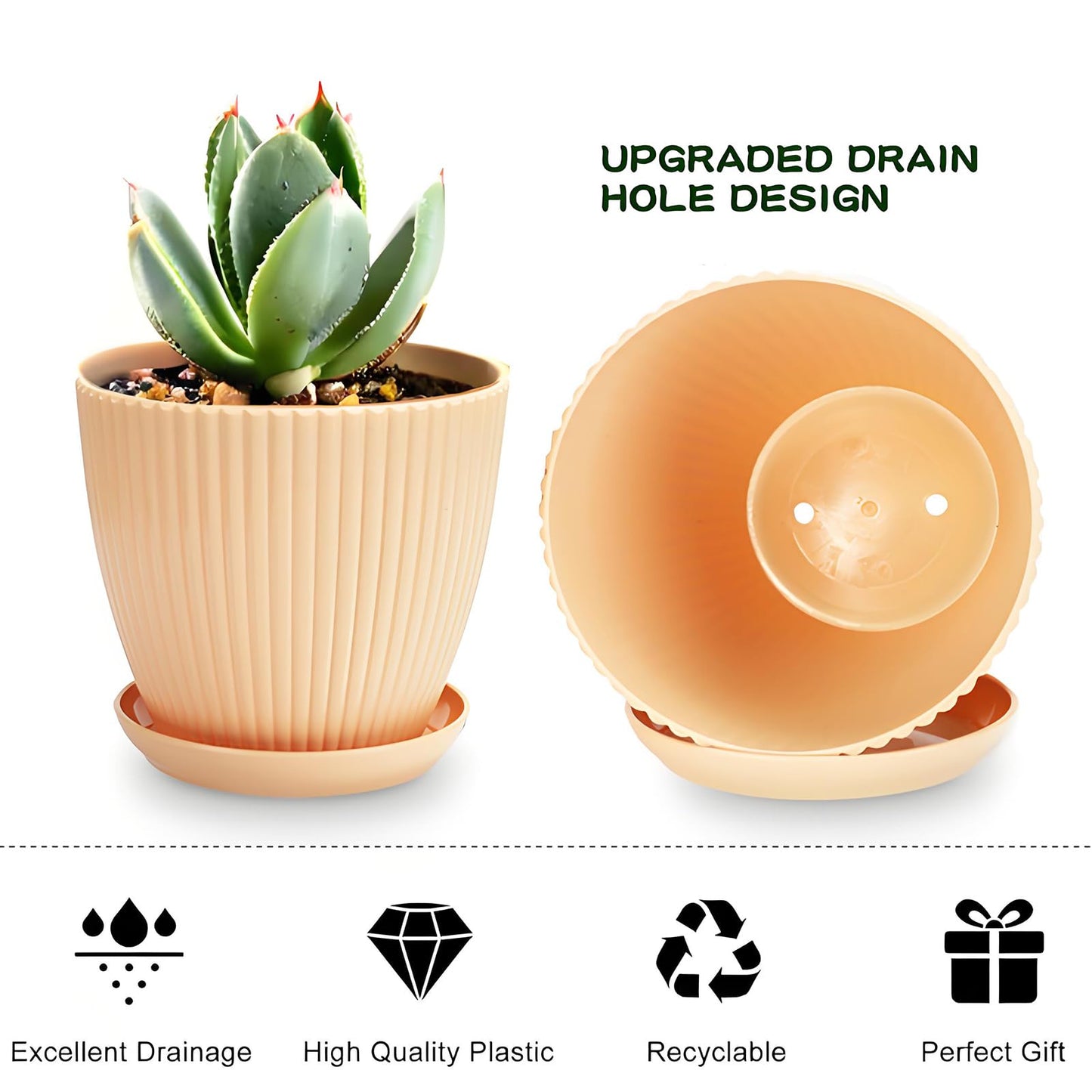 MUXINCAMP 7 Inch Large Plant Pots, 6 Pack Flower Pots with Drainage Hole and Tray Saucer Plastic Plant Pot for Outdoor Indoor House Plants and Flowers Herbs (Khaki)