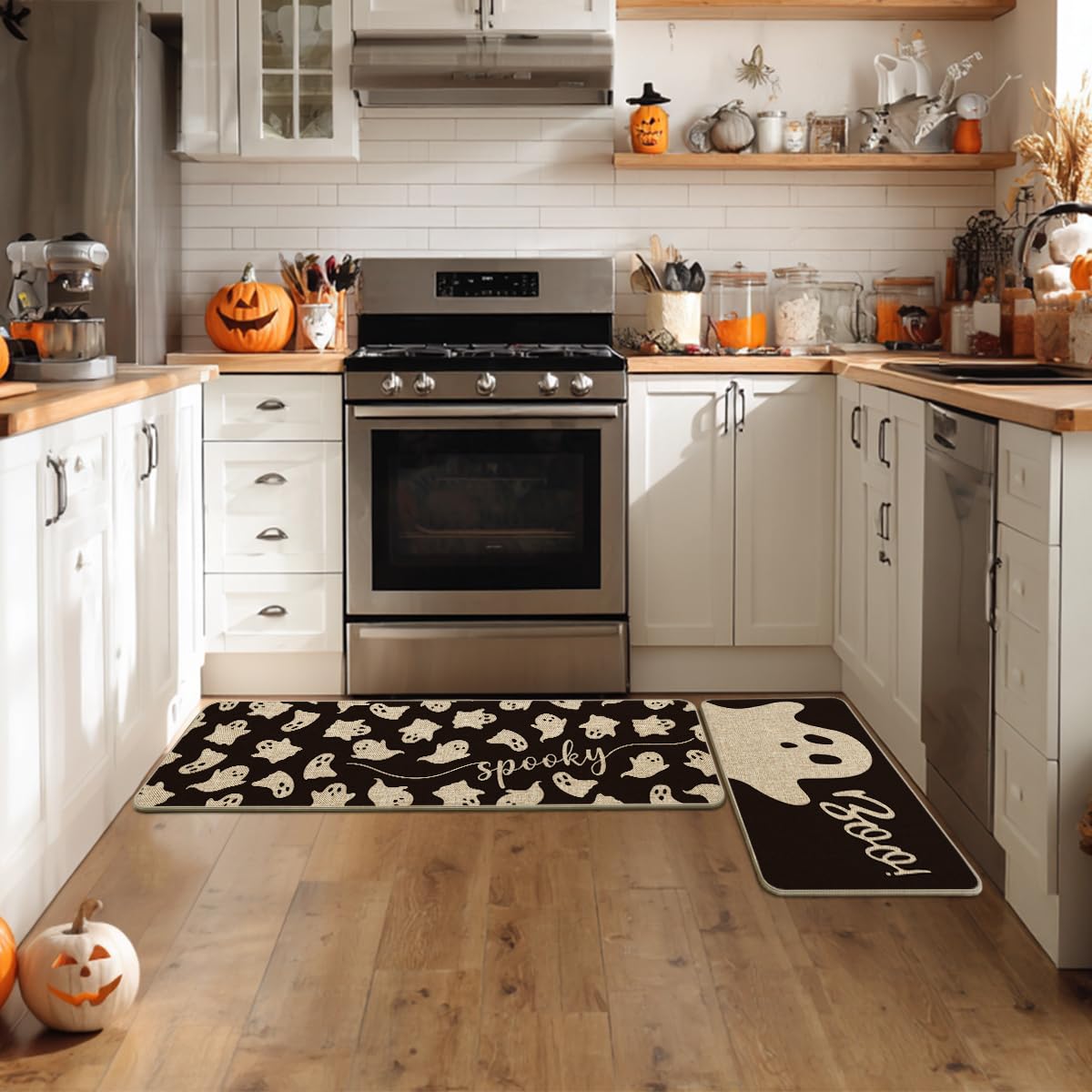 Artoid Mode Spooky Ghosts Boo Halloween Kitchen Mats Set of 2, Black Home Decor Low-Profile Kitchen Rugs for Floor - 17x29 and 17x47 Inch