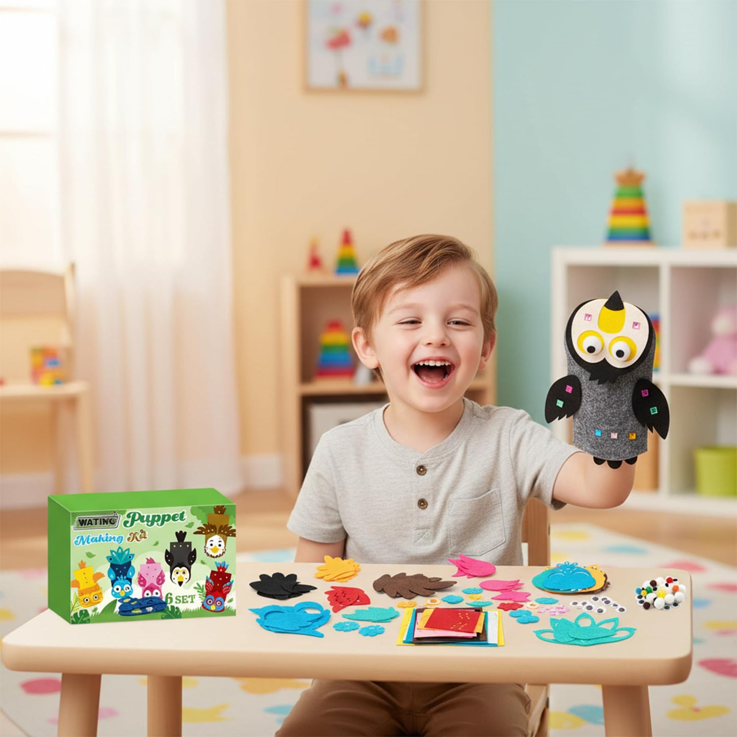 WATINC 6Pcs Hand Puppet Making Kit, Art Craft Felt Sock Puppet Toys, Creative DIY Make Your Own Pompoms Wiggle Googly Eyes Storytelling Role Play Party Supplies Gift for Girls Boys (Bird A)