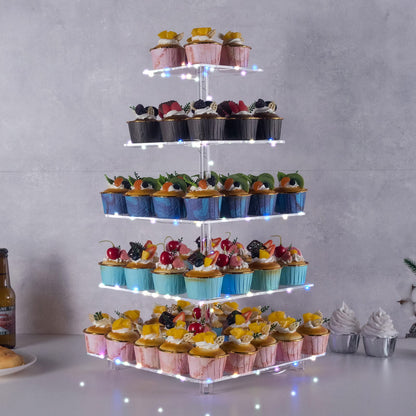 OLACHIKKO Cupcake Stand, 5-Tier Square Cupcake Holder with LED Light String, Acrylic Cupcake Tower Display-Dessert Tower-Pastry Stand-Cupcake Tier Stand for Wedding, Birthday Party (Colorful Light)…