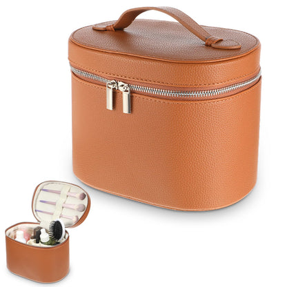 KongTiva Leather Make Up Bags, Large Capacity Cosmetic Case with Removable Compartment Waterproof Leather Makeup Travel Bags Organizer, Brown