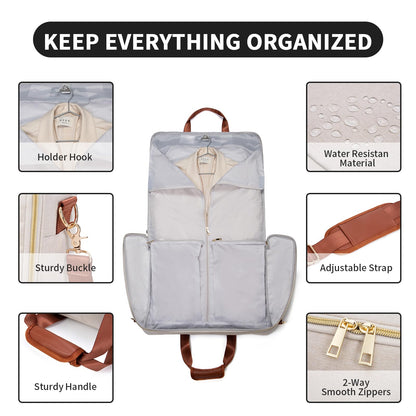 Garment Travel Bag for Women Carry on Garment Bag Up to 3 Suits for Business Trips,2 in 1 Hanging Suitcase Luggage Bags for Travel,Foldable Suit Bag 15.6Inch Laptop Beige