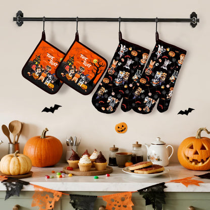 Arquiel Halloween Dog Oven Mitts and Pot Holders Sets 4Pcs, 100% Cotton Heat Resistant, Extra Long Oven Gloves Potholder for Kitchen Cooking Baking Decoration
