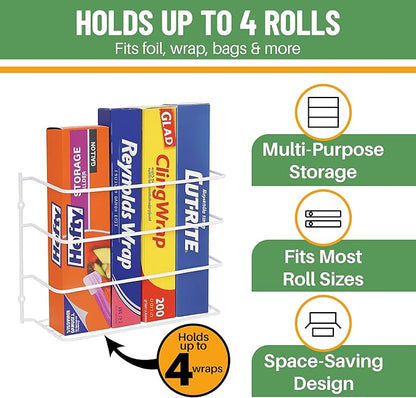 Evelots Kitchen Wrap Organizer - Hold up to 4 Plastic, Foil, Paper, Wax - Cabinet Door, Wall Rack Basket - Sandwich, Freezer, Food Bag Storage - Laundry Supplies - Plastic Coated Metal