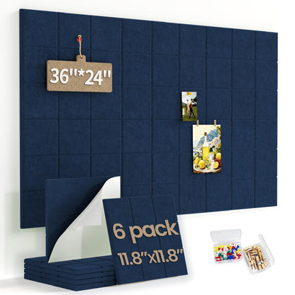 Large Felt Bulletin Board for Walls: 6-Pack Black Cork Board Alternative 11.8x11.8 Inch Peel and Stick Pin Board Wall Decor for Home Organization, Office Memo Board, Self-Adhesive Wall Tiles