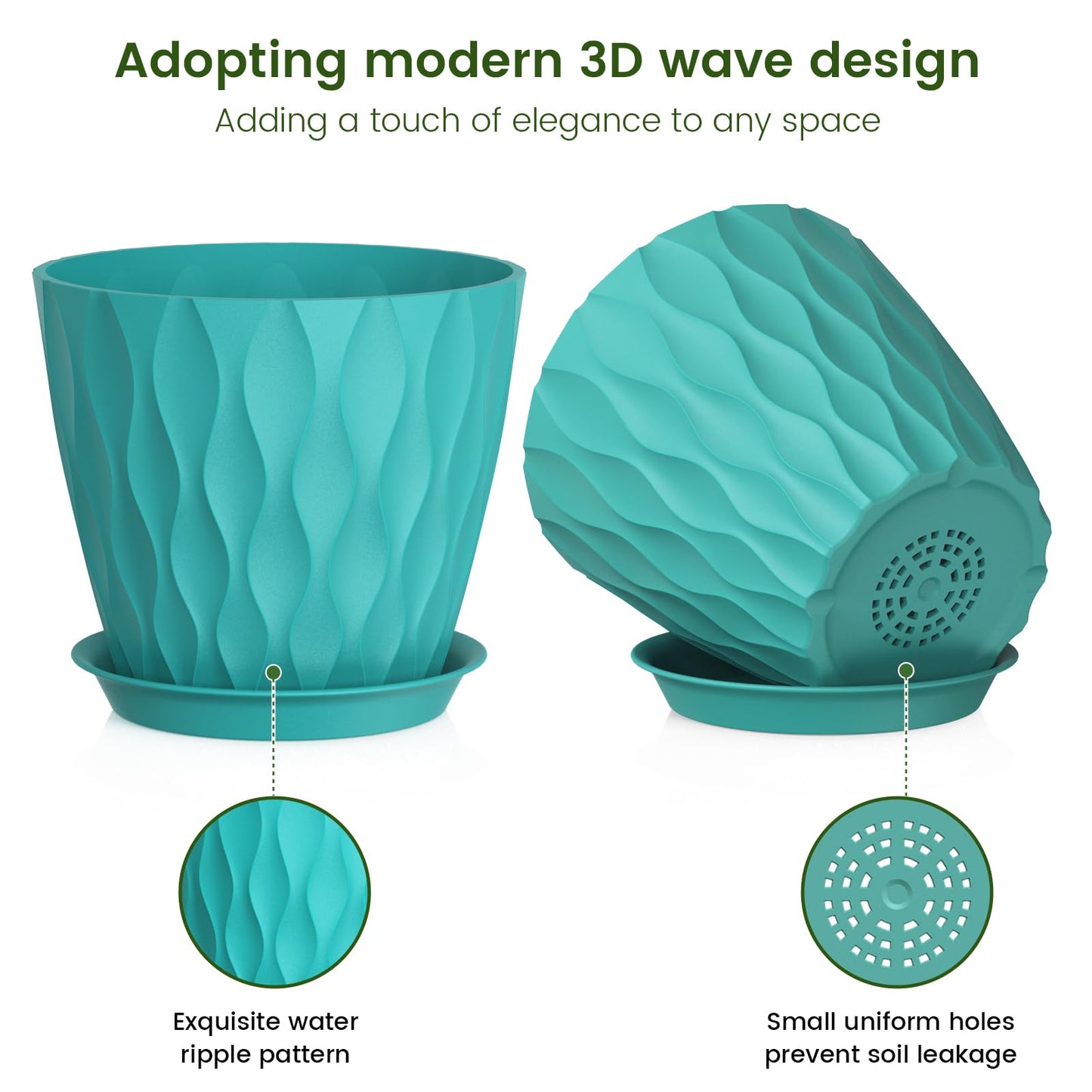 Meowell 7 inch Plant Pots for Indoor Outdoor Plants, 5 Pack Thick Flower Pots with Drainage Holes and Saucers, 3D Modern Wave Texture Plastic Planter Pots for Nursery and House Plants, Blue Green