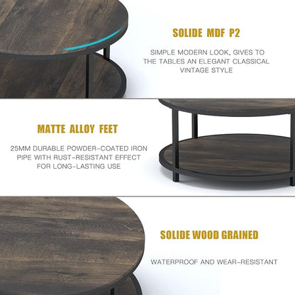 NSdirect 36 inches Round Coffee Table, Rustic Wooden Surface Top & Sturdy Metal Legs Industrial Sofa Table for Living Room Modern Design Home Furniture with Storage Open Shelf(Rustic Brown)