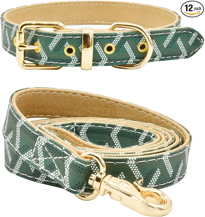 Leather Dog Collar and Leash Set, Check Pattern Dog Collar Leashes Metal Buckle Adjustable Durable for Small Medium Large Dogs (Green, XL(18-22IN))