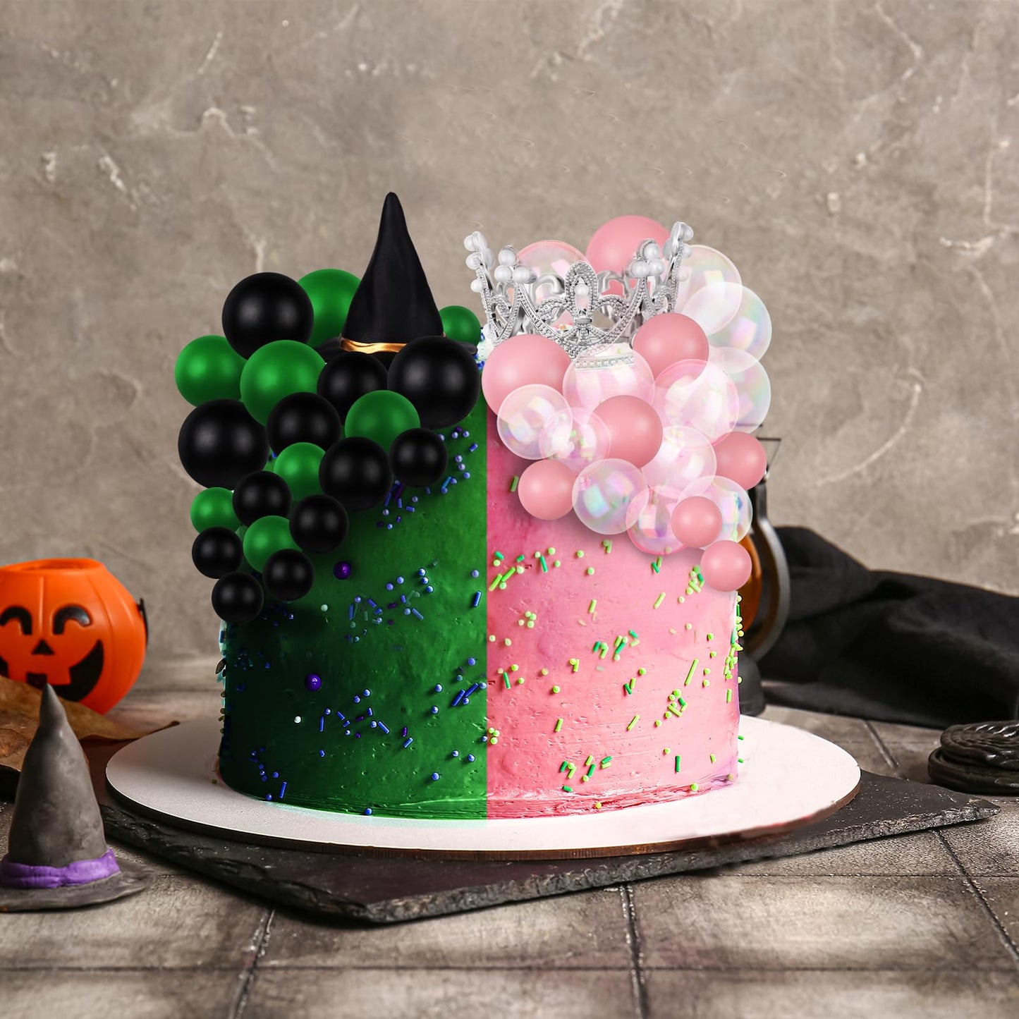 50 Pcs Witch Theme Party Supplies Balloons Cake Topper Black Green Pink Mini Balloons, Silver Plastic Crown and Black Women Witch Hat Fantasy Cake Decoration Balls for Birthday Cake Decoration