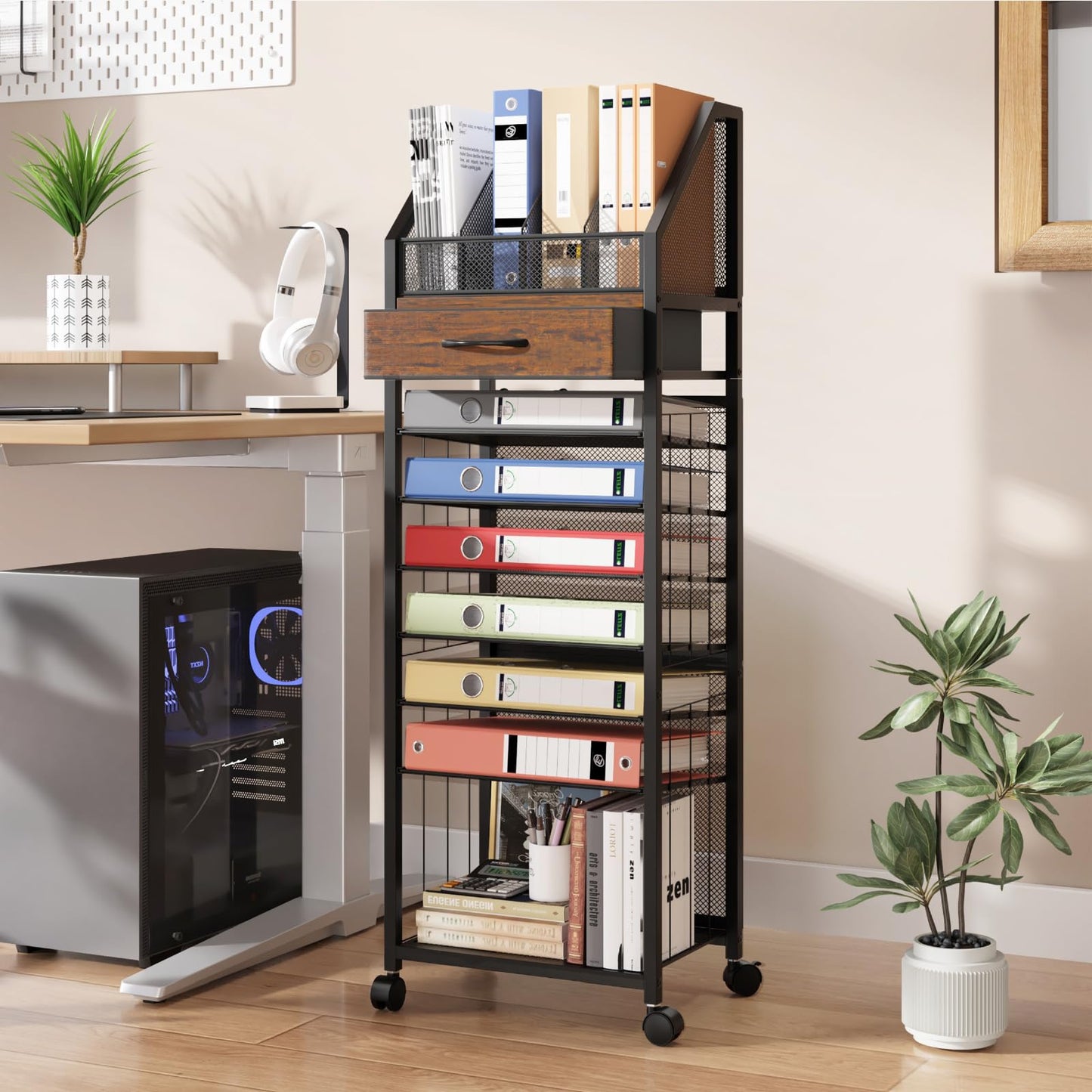 SWTYMIKI 9-Tier Rolling File Cart - Paper Organizer with Drawer and Trays, Wood Desk Office Organizer, Office Organization and Binder Storage for Workspace, Home, School, Espresso