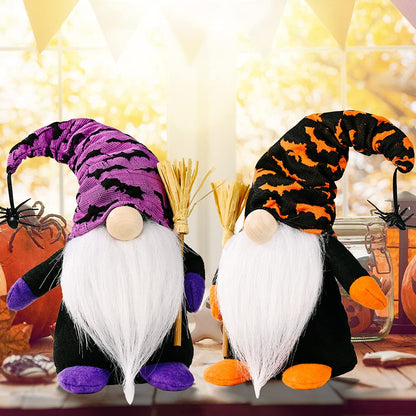 Halloween Gnome 2-Pack – Handmade Orange & Purple Figures with Wooden Broom – 10 Inch Tall Funny Halloween Decoration for Home by Cool Bean Inc
