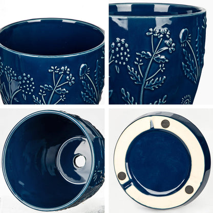 Hollyone 6 Inch Blue Ceramic Planter Flower Plant Pot with Drainage Hole and Saucer for Plants Embossed Indoor Outdoor Garden Embossed Ceramic Glazed Round Pot for Succulent Orchid Floral Pattern