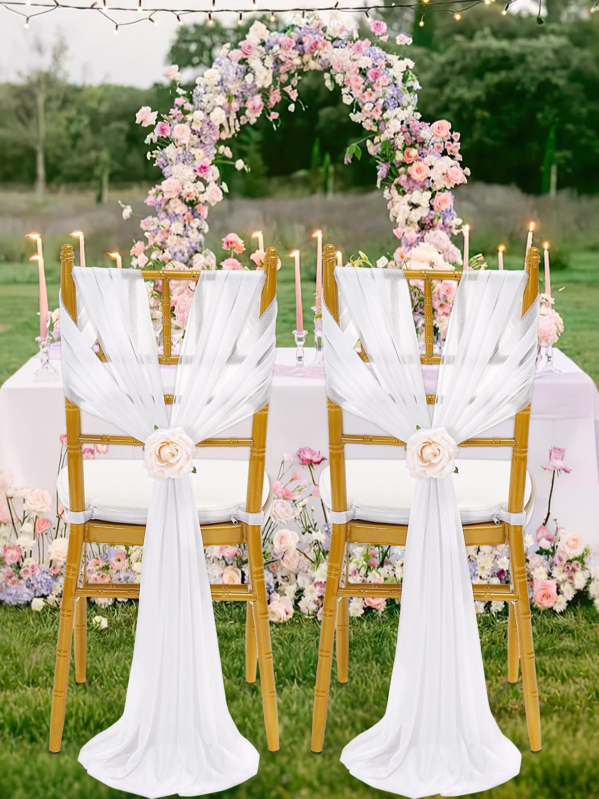 Fanqisi White Chair Sashes 16 Packs 8ft Long Aisle Wedding Chair Back Side Decorations Fabric Sheer Church Tulle Chairs Drapes Bulk