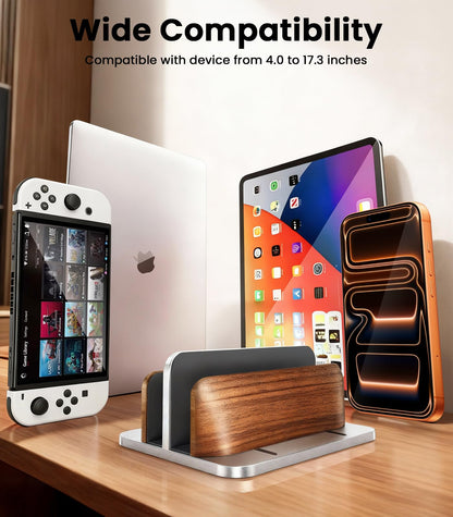 LOXP Vertical Laptop Stand, [Dual Slot Wooden + Aluminum Laptop Holder], Desktop Adjustable MacBook Stand, Adjustable Base, for MacBook Pro/Air, (up to 17.3-inch All laptops)